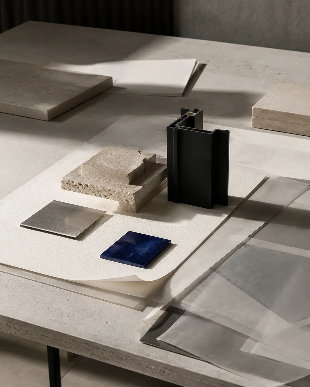 Material samples and translucent paper arranged on an architect's observation table.