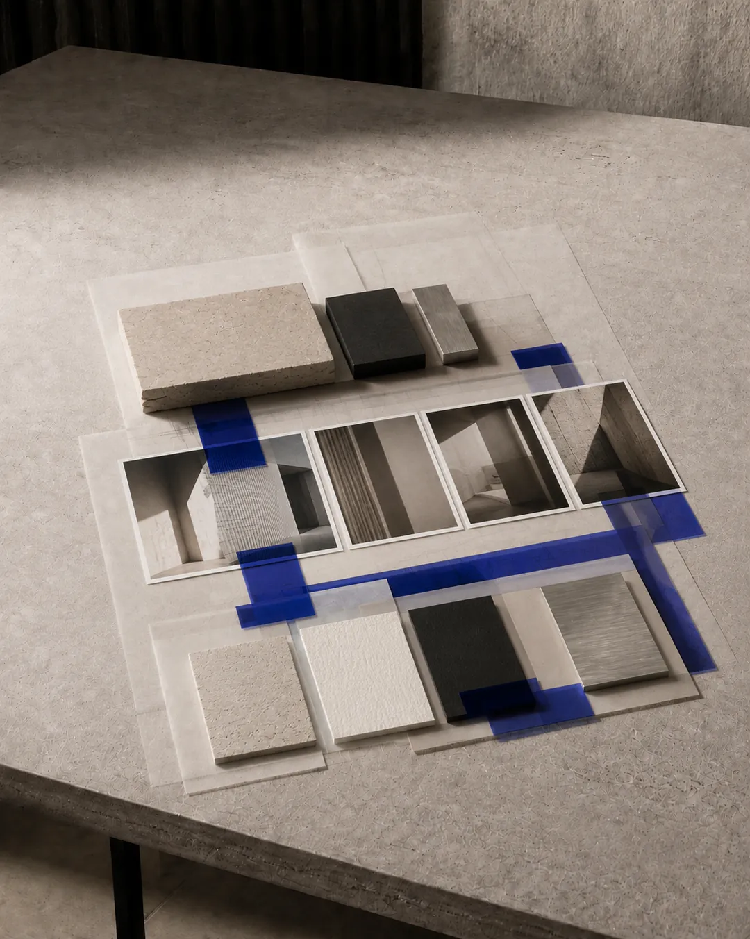 Aligned image crops, material swatches and cobalt overlays arranged as one modular visual system.