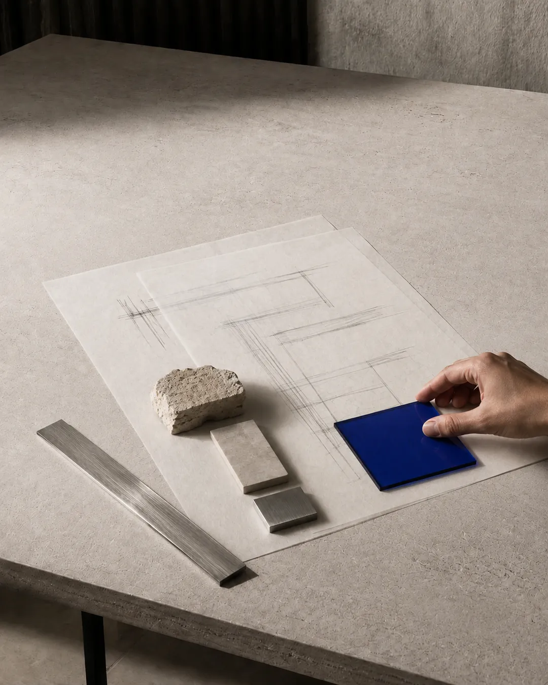 Two tracing-paper layers over a simplified plan, with three prioritised material samples as a hand aligns a blue square.